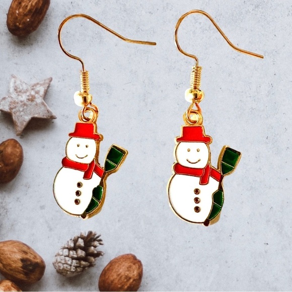 ⭐️ 5 for $25 Holiday Festive Christmas Snowman Hoop Earrings Gold Tone - Picture 1 of 7
